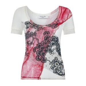 Dior Women's White and Red Floral Top Mesh Detail 38